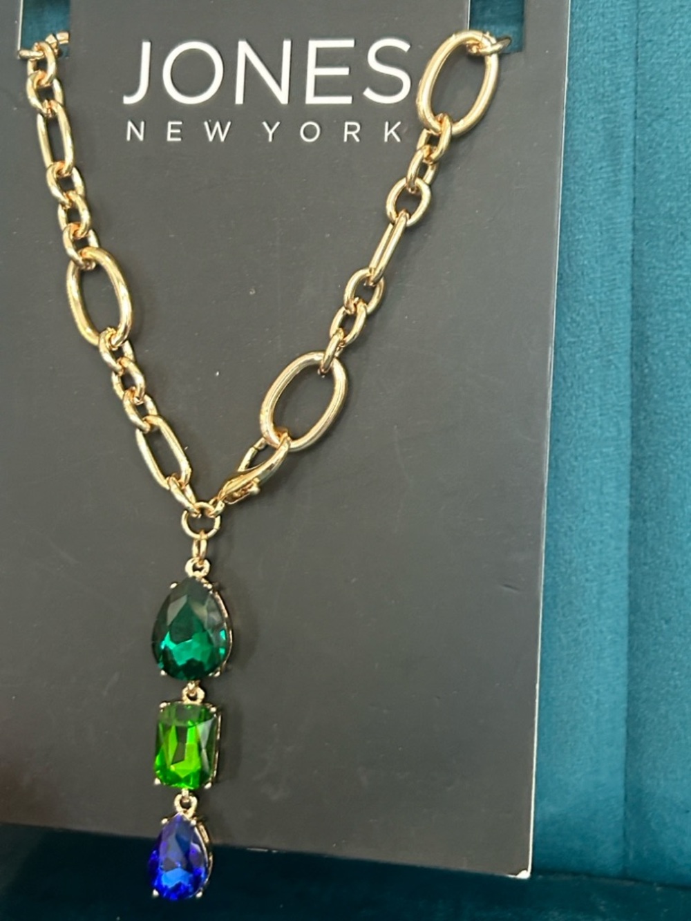 Jones New York Gold-Tone Chain Necklace with Green and Blue Gem Drops